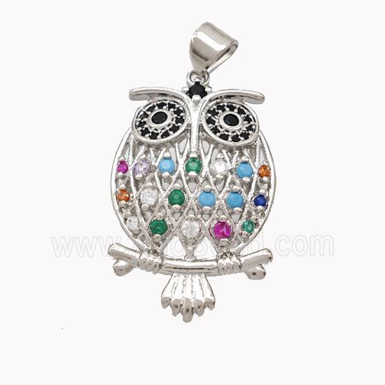 Copper Owl Pendant Pave Multicolor Zirconia Birds Platinum Plated