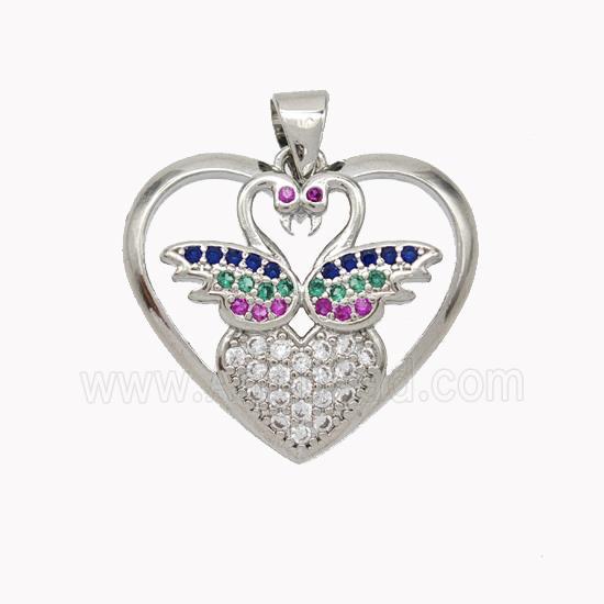 Copper Swan Pendant Micropave Zirconia Heart Platinum Plated