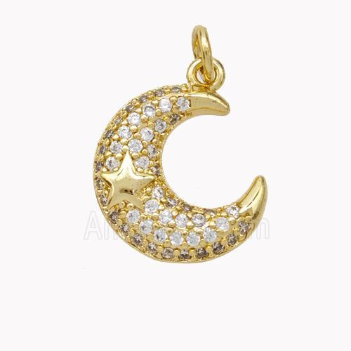 Copper Moon Pendant Pave Zirconia Star Gold Plated