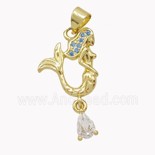 Copper Mermaid Charms Pendant Pave Zirconia Gold Plated