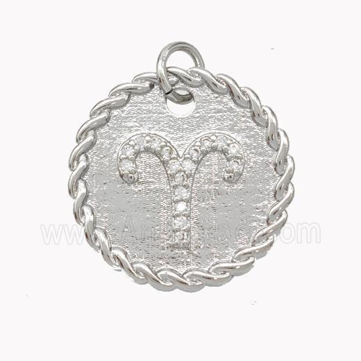 Sign Of Aries Copper Circle Pendant Pave Zirconia Zodiac Platinum Plated