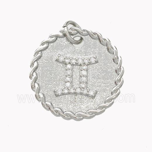 Sign Of Gemini Copper Circle Pendant Pave Zirconia Zodiac Platinum Plated