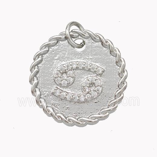 Sign Of Cancer Copper Circle Pendant Pave Zirconia Zodiac Platinum Plated