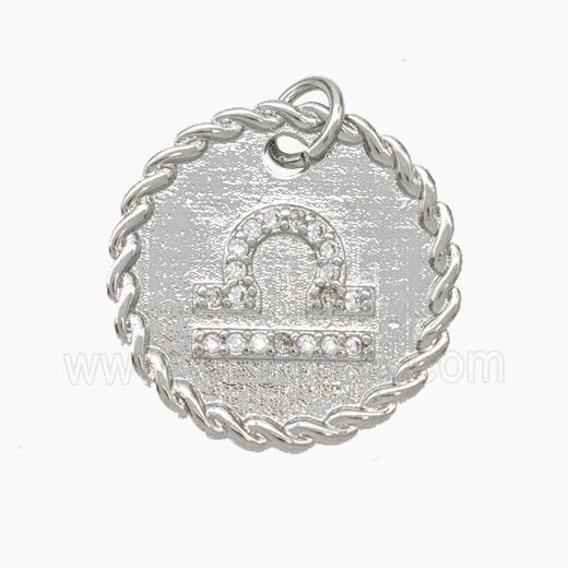 Sign Of Libra Copper Circle Pendant Pave Zirconia Zodiac Platinum Plated
