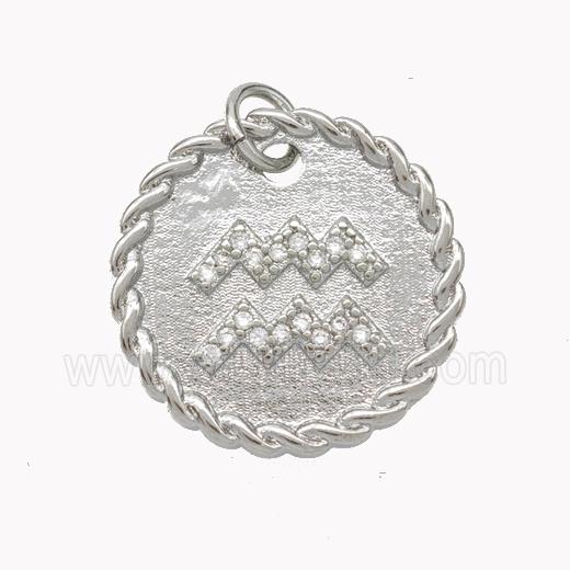Sign Of Aquarius Copper Circle Pendant Pave Zirconia Zodiac Platinum Plated