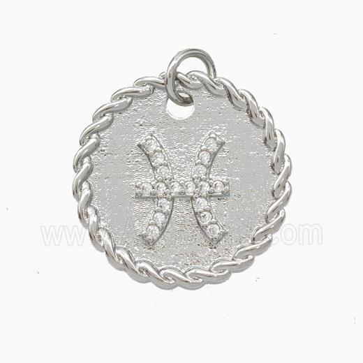 Sign Of Pisces Copper Circle Pendant Pave Zirconia Zodiac Platinum Plated