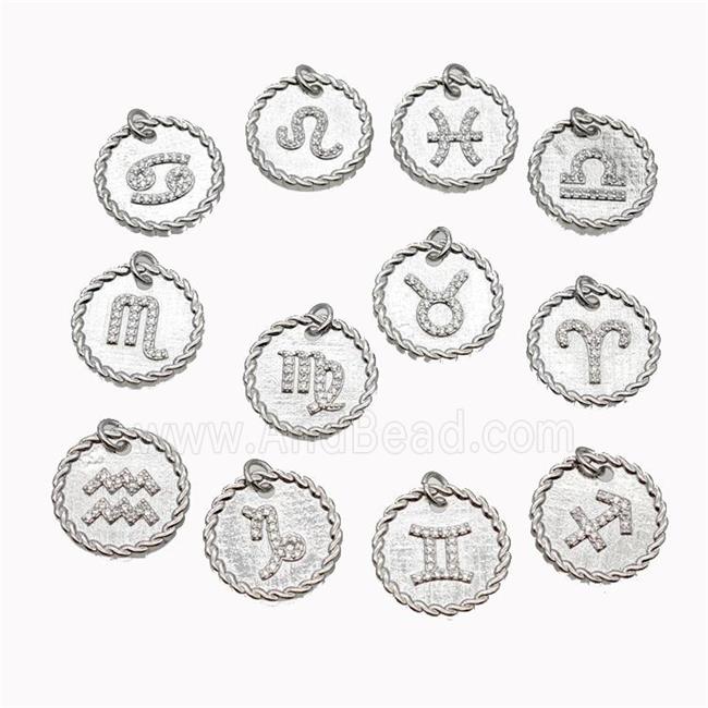 Sign Of Zodiac Copper Circle Pendant Pave Zirconia Platinum Plated Mixed