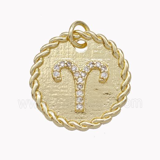 Sign Of Aries Copper Circle Pendant Pave Zirconia Zodiac Gold Plated