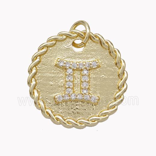 Sign Of Gemini Copper Circle Pendant Pave Zirconia Zodiac Gold Plated