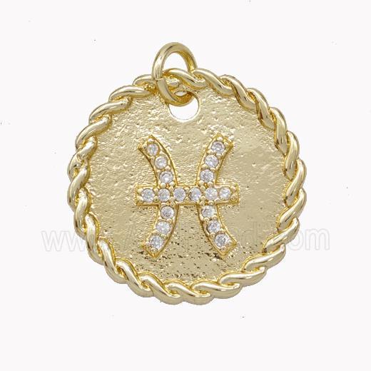 Sign Of Pisces Copper Circle Pendant Pave Zirconia Zodiac Gold Plated