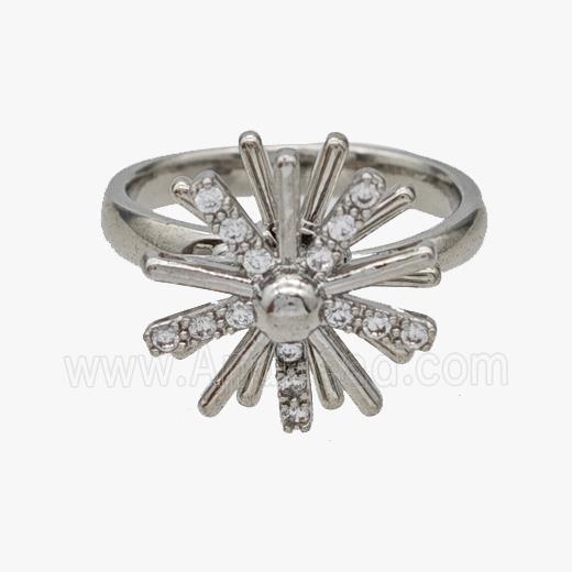 Copper Flower Rings Pave Zirconia Rotatable Adjustable Platinum Plated
