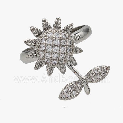 Copper SunFlower Rings Pave Zirconia Rotatable Adjustable Platinum Plated