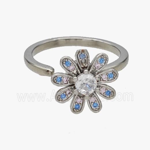 Copper Flower Rings Pave Zirconia Rotatable Adjustable Platinum Plated