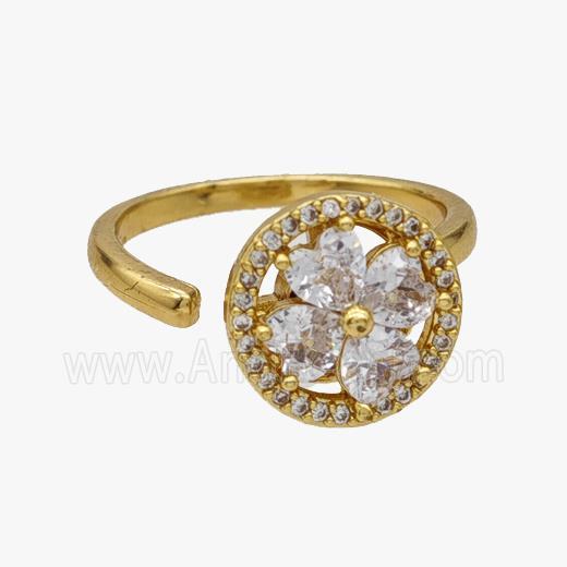 Copper Clover Rings Pave Zirconia Rotatable Adjustable Gold Plated