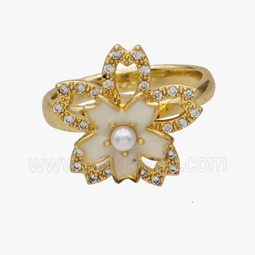 Copper Flower Rings Pave Zirconia Enamel Rotatable Adjustable Gold Plated