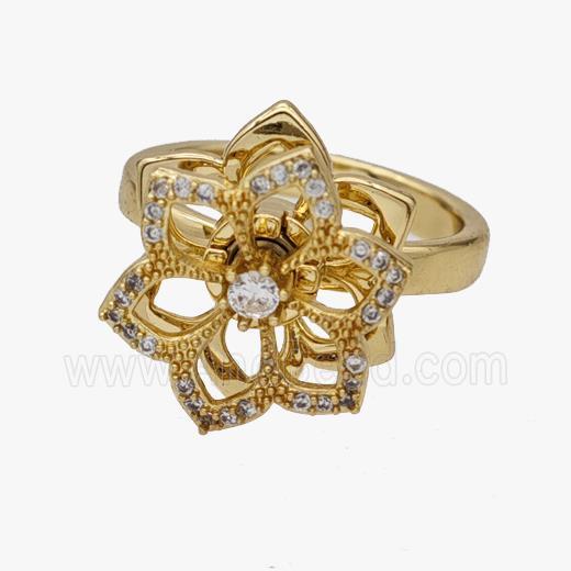 Copper Flower Rings Pave Zirconia Rotatable Adjustable Gold Plated