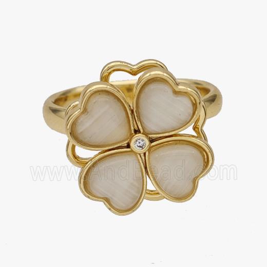 Copper Clover Rings Pave Cateye Glass Rotatable Adjustable Gold Plated