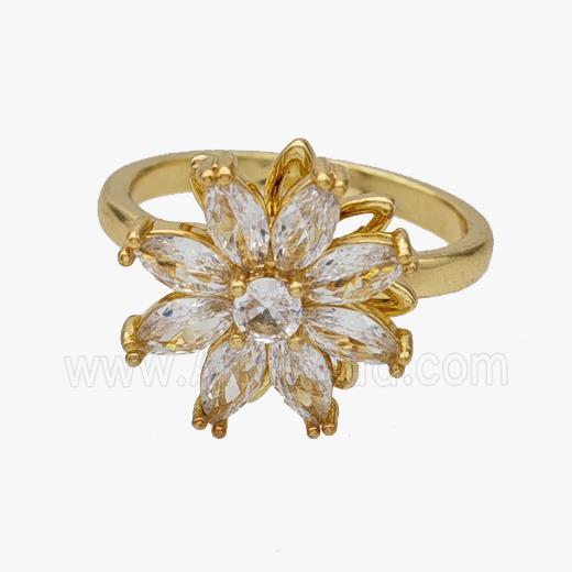 Copper Flower Rings Pave Zirconia Rotatable Adjustable Gold Plated