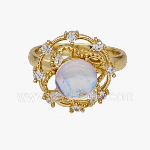 Copper Flower Rings Pave Zirconia Opalite Rotatable Adjustable Gold Plated