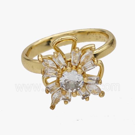 Copper Flower Rings Pave Zirconia Rotatable Adjustable Gold Plated