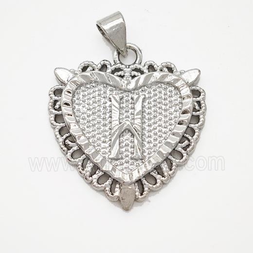 Copper Heart Pendant Letter-H Platinum Plated