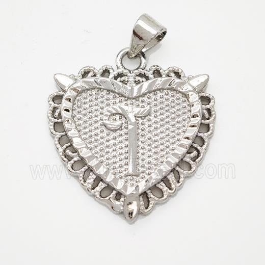 Copper Heart Pendant Letter-T Platinum Plated