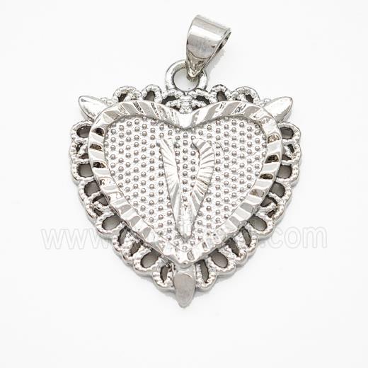 Copper Heart Pendant Letter-V Platinum Plated