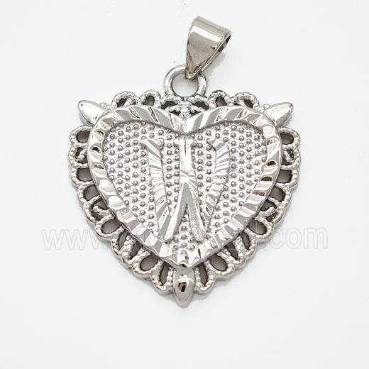 Copper Heart Pendant Letter-W Platinum Plated