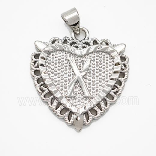 Copper Heart Pendant Letter-X Platinum Plated