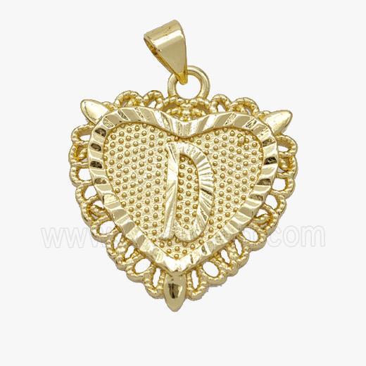 Copper Heart Pendant Letter-D Gold Plated