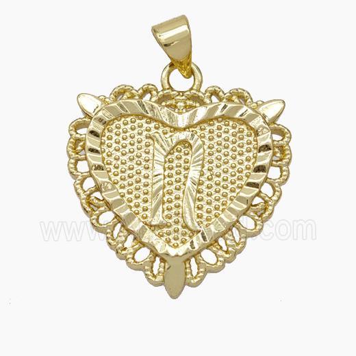 Copper Heart Pendant Letter-N Gold Plated