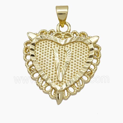 Copper Heart Pendant Letter-V Gold Plated