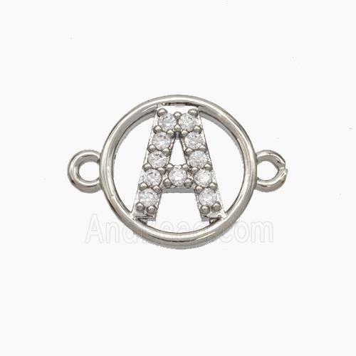 Copper Letter-A Connector Pave Zirconia Circle Platinum Plated