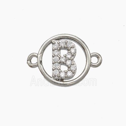 Copper Letter-B Connector Pave Zirconia Circle Platinum Plated