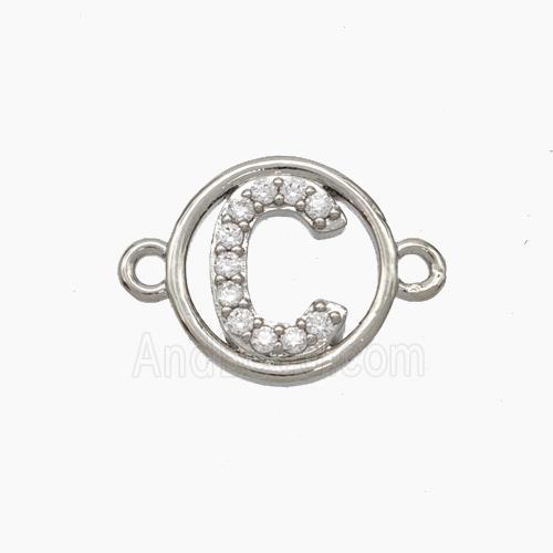Copper Letter-C Connector Pave Zirconia Circle Platinum Plated