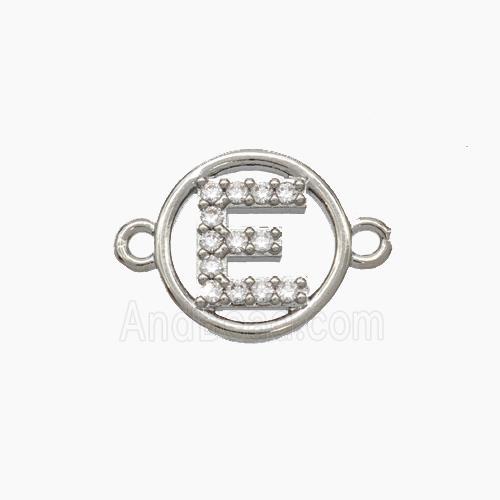 Copper Letter-E Connector Pave Zirconia Circle Platinum Plated