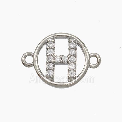 Copper Letter-H Connector Pave Zirconia Circle Platinum Plated