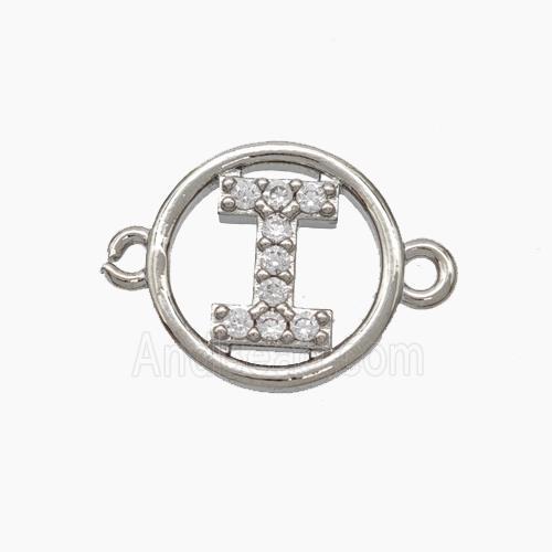 Copper Letter-I Connector Pave Zirconia Circle Platinum Plated