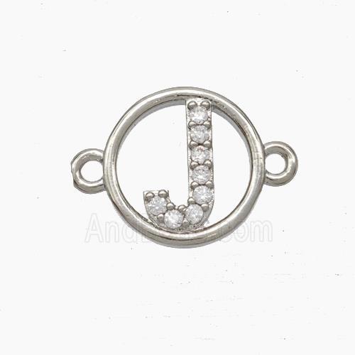 Copper Letter-J Connector Pave Zirconia Circle Platinum Plated