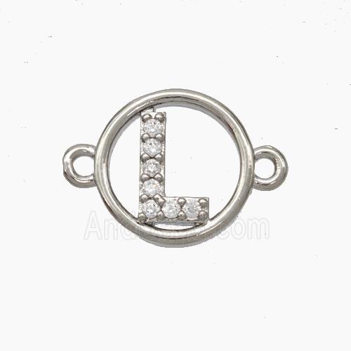 Copper Letter-L Connector Pave Zirconia Circle Platinum Plated