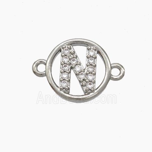 Copper Letter-N Connector Pave Zirconia Circle Platinum Plated