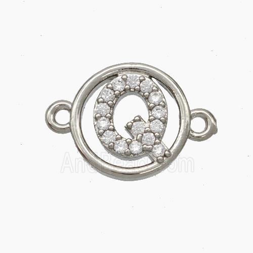 Copper Letter-Q Connector Pave Zirconia Circle Platinum Plated
