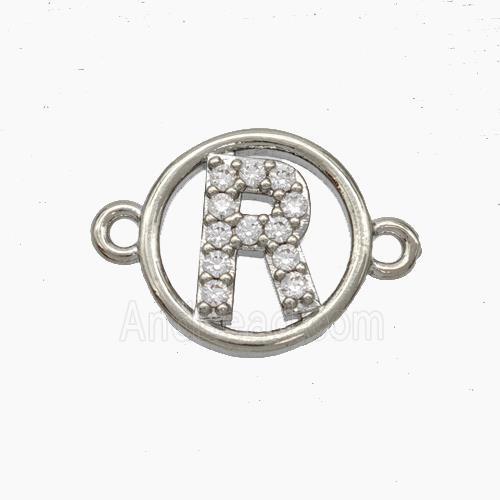 Copper Letter-R Connector Pave Zirconia Circle Platinum Plated