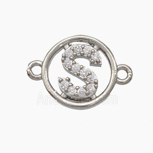 Copper Letter-S Connector Pave Zirconia Circle Platinum Plated