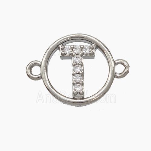 Copper Letter-T Connector Pave Zirconia Circle Platinum Plated