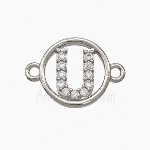 Copper Letter-U Connector Pave Zirconia Circle Platinum Plated