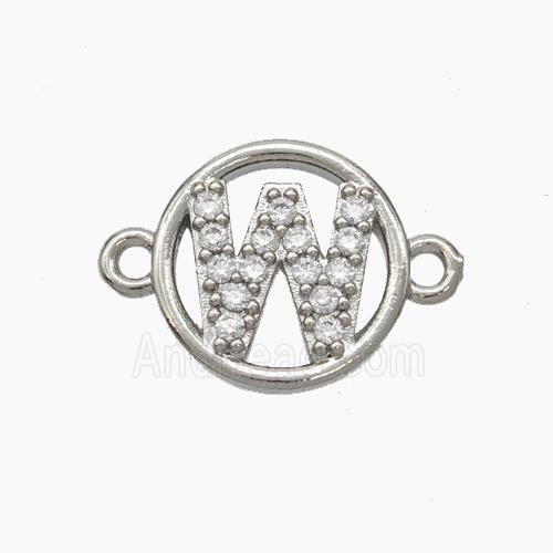 Copper Letter-W Connector Pave Zirconia Circle Platinum Plated