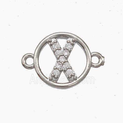 Copper Letter-X Connector Pave Zirconia Circle Platinum Plated