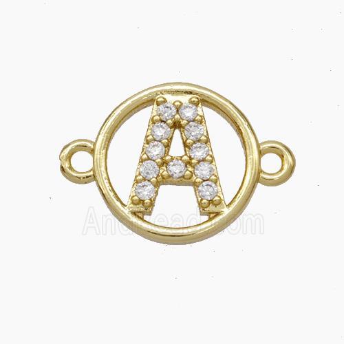 Copper Letter-A Connector Pave Zirconia Circle Gold Plated