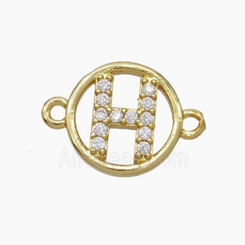 Copper Letter-H Connector Pave Zirconia Circle Gold Plated